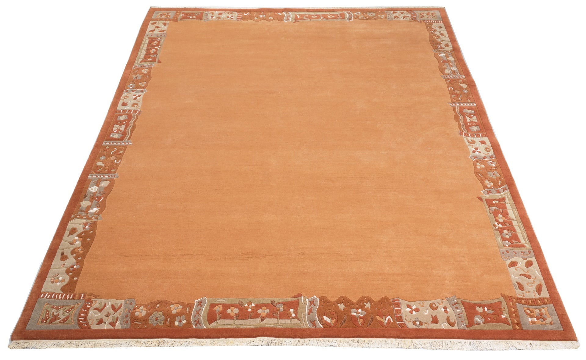 Handgeknüpfter Tibet Teppich in Apricot mit Retro Bordüre – Neuwertig