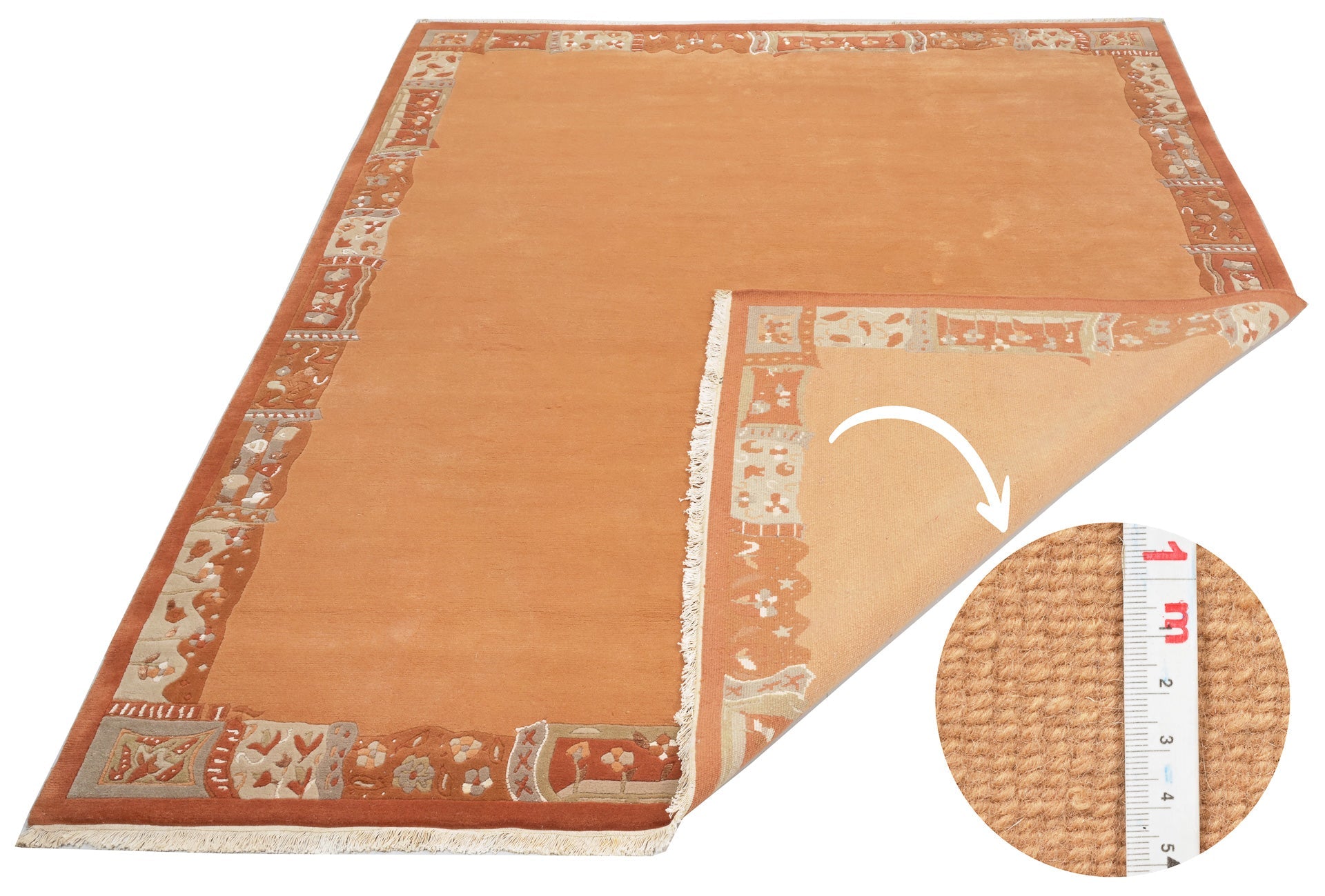 Handgeknüpfter Tibet Teppich in Apricot mit Retro Bordüre – Neuwertig