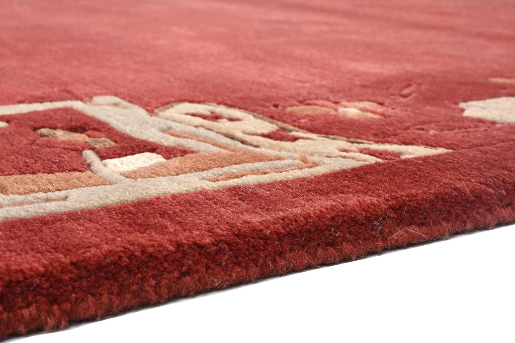 Handgeknüpfter Tibeter Teppich in rot mit Retro Bordüre – Neuwertig