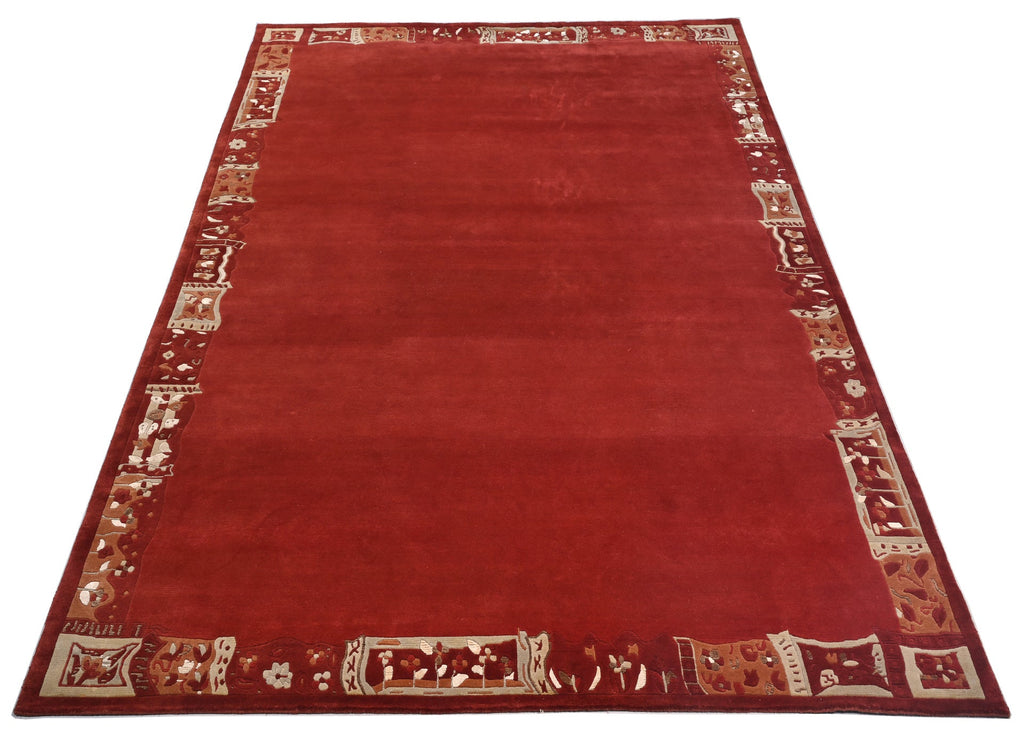 Handgeknüpfter Tibeter Teppich in rot mit Retro Bordüre – Neuwertig