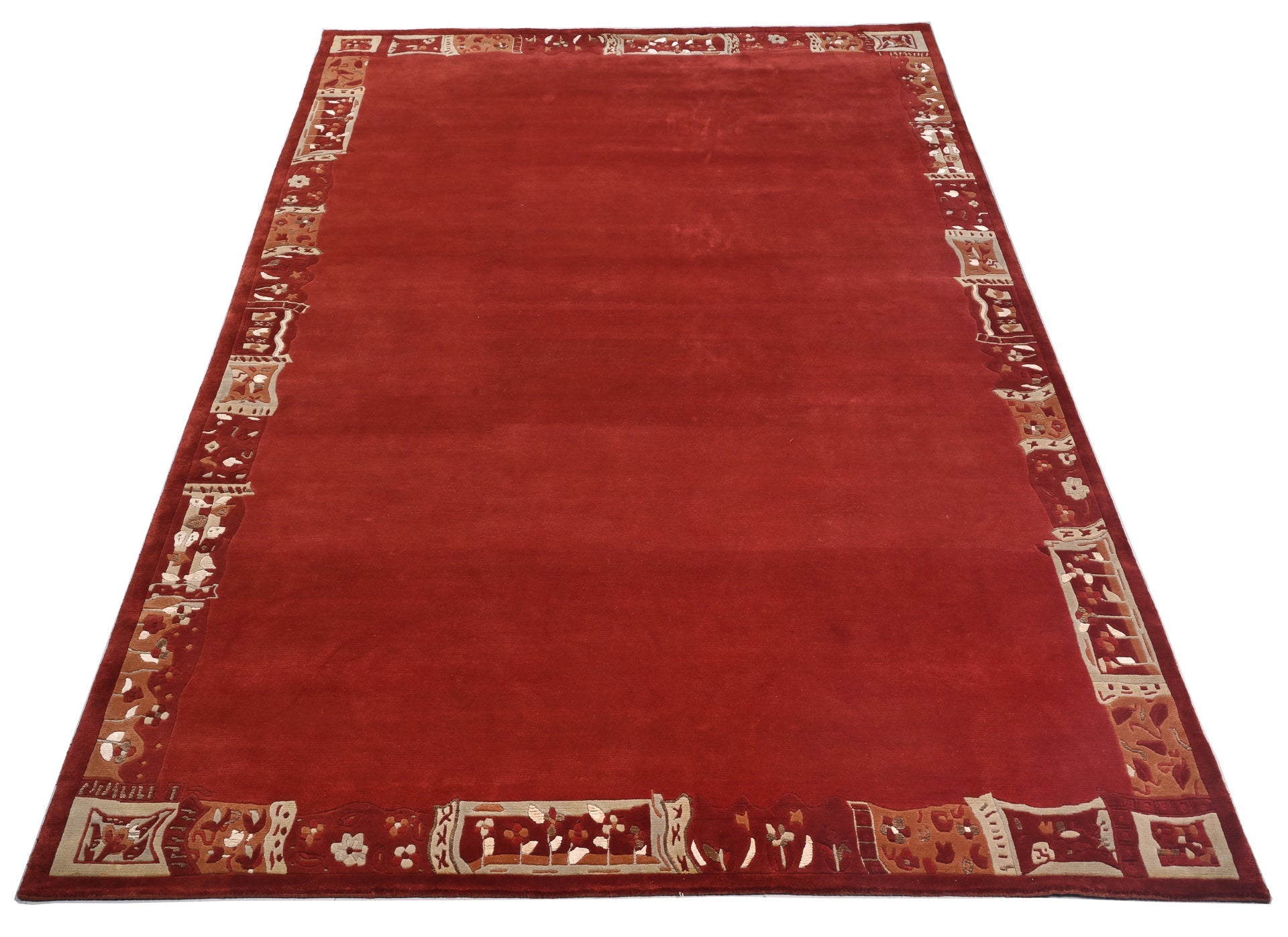 Handgeknüpfter Tibeter Teppich in rot mit Retro Bordüre – Neuwertig