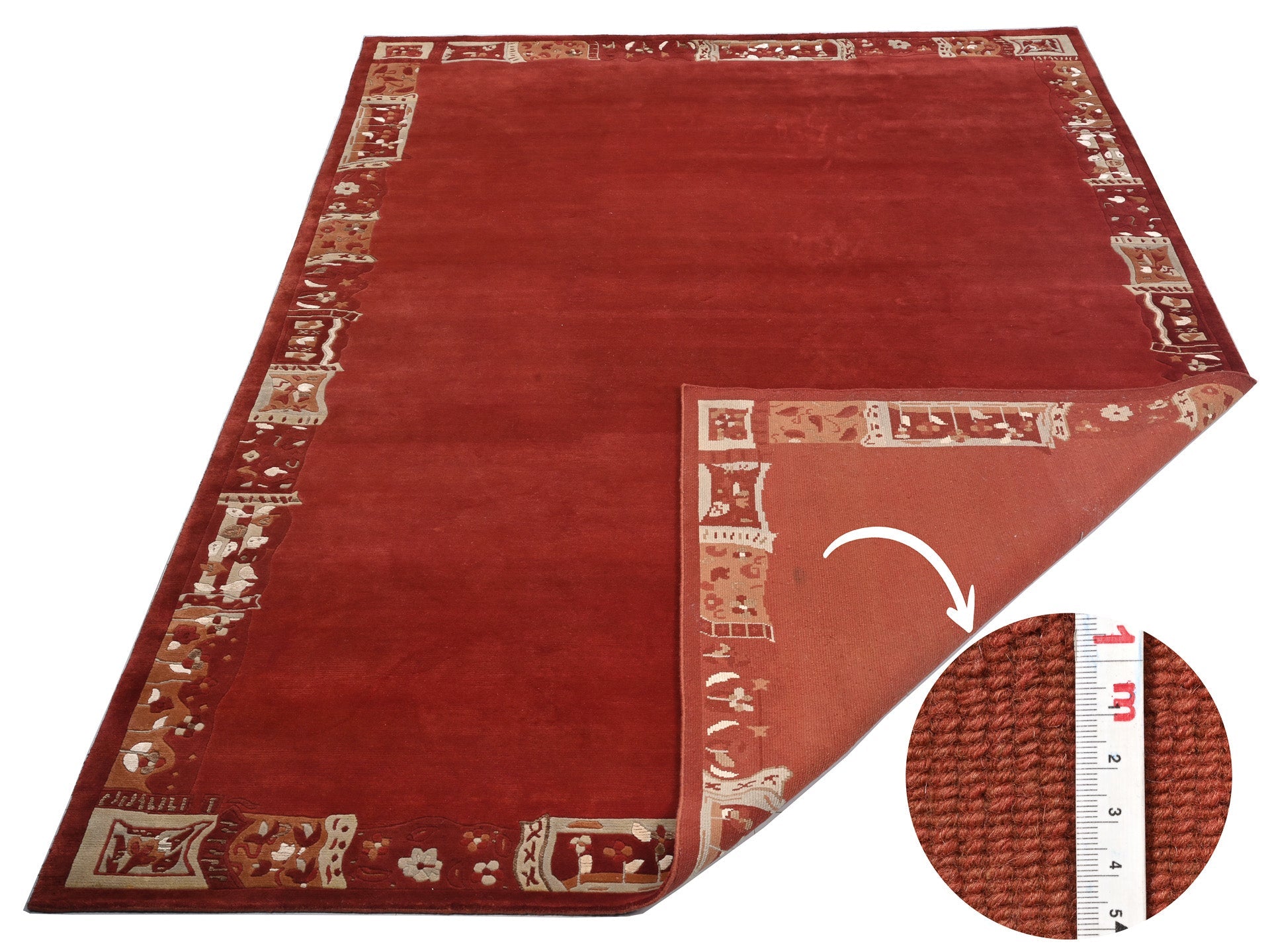 Handgeknüpfter Tibeter Teppich in rot mit Retro Bordüre – Neuwertig