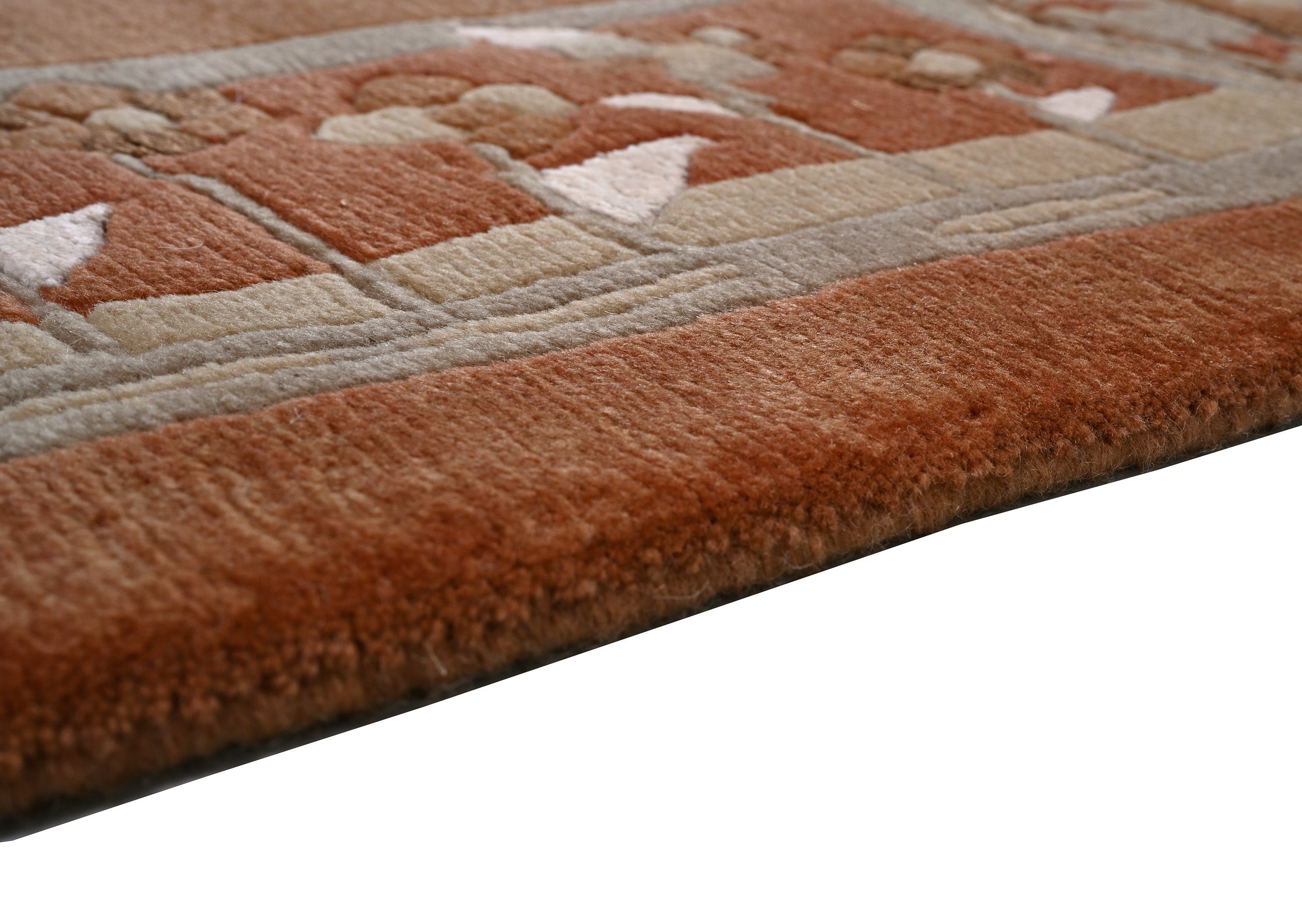 Handgeknüpfter Tibet Teppich in terra braun mit Retro Bordüre – Neuwertig