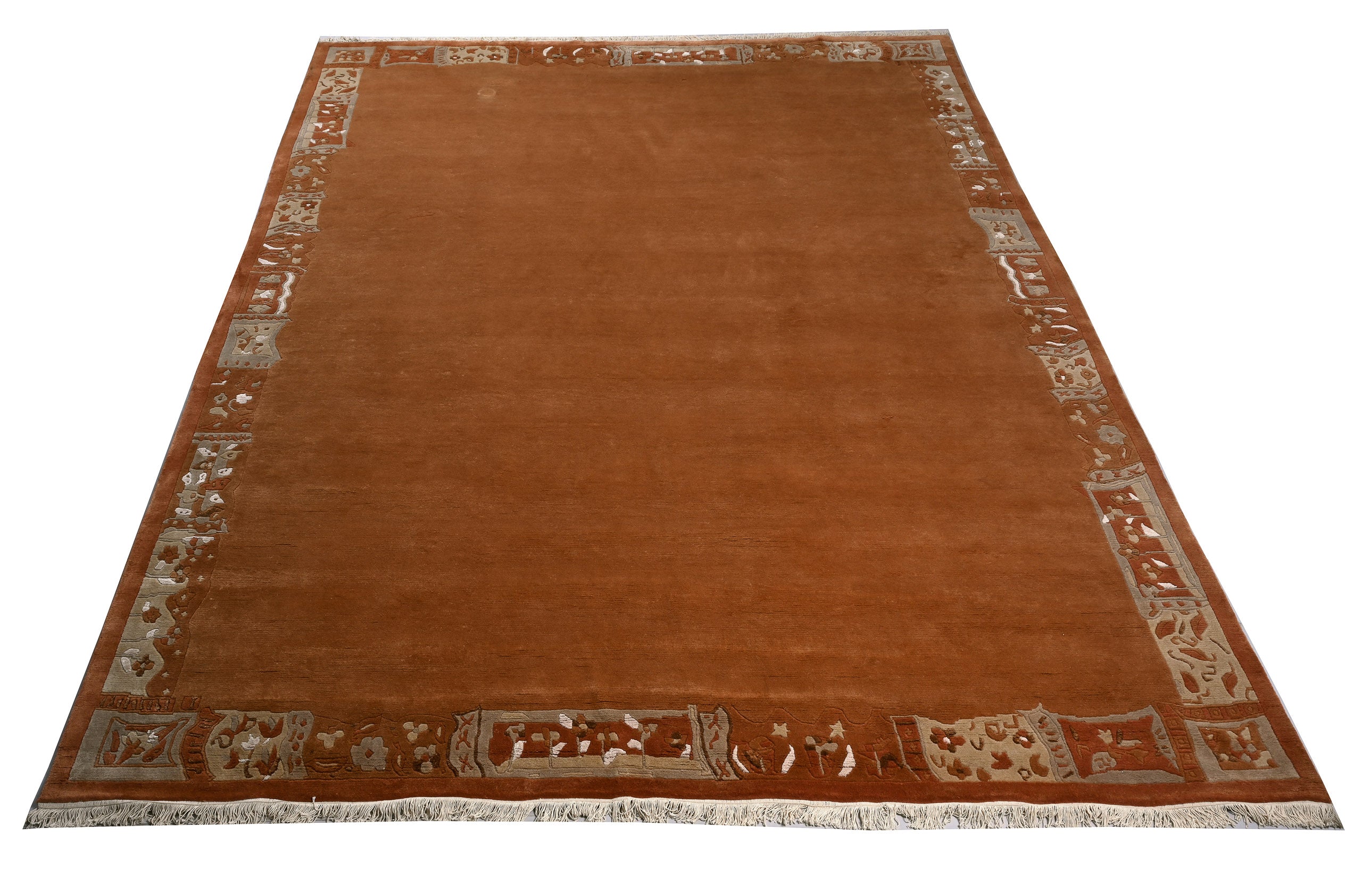 Handgeknüpfter Tibet Teppich in terra braun mit Retro Bordüre – Neuwertig