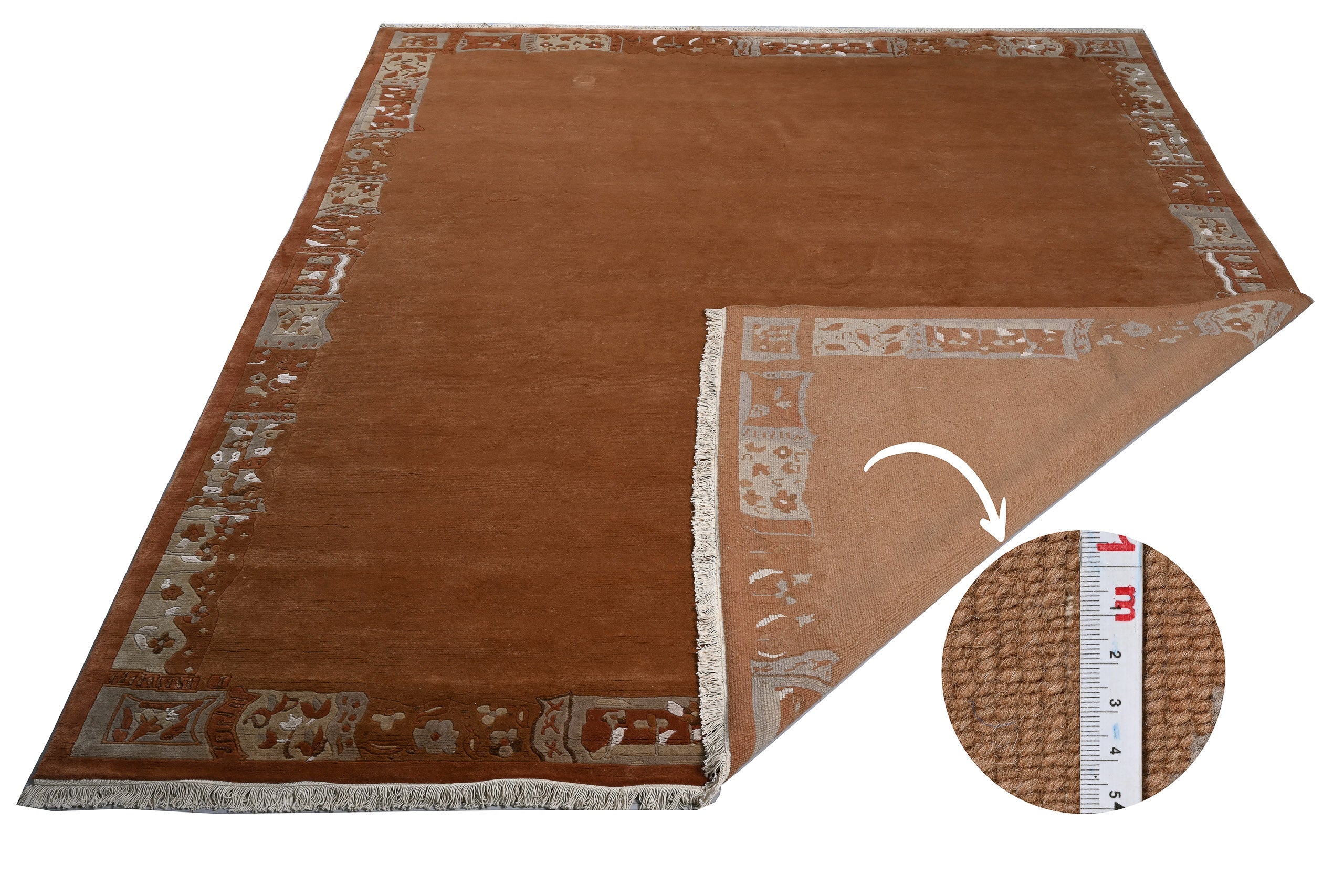 Handgeknüpfter Tibet Teppich in terra braun mit Retro Bordüre – Neuwertig