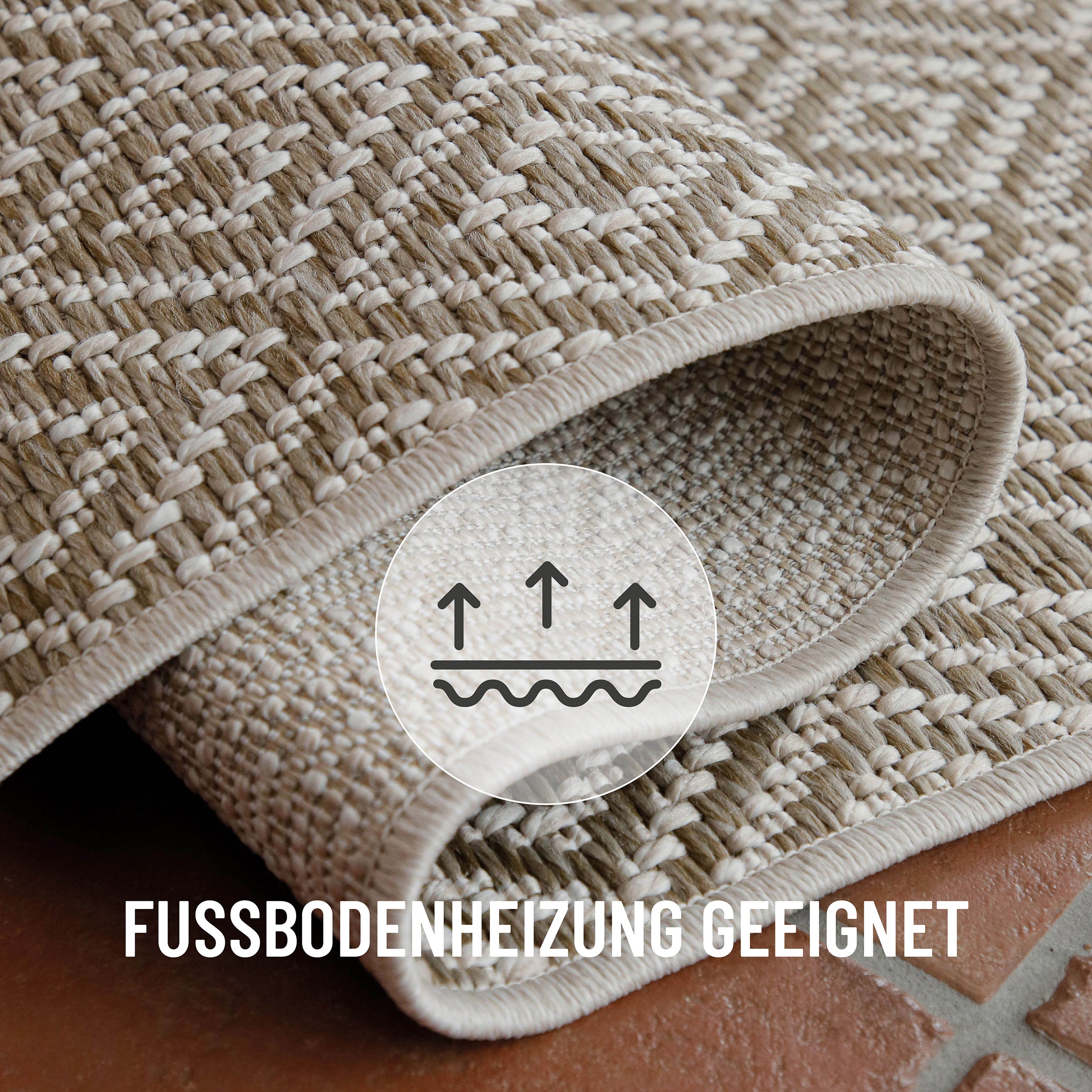 In-& Outdoor Teppich Miami Beach creme weiß rechteckig flexibel gelegt mit Text Fussbodenheizung geeignet
