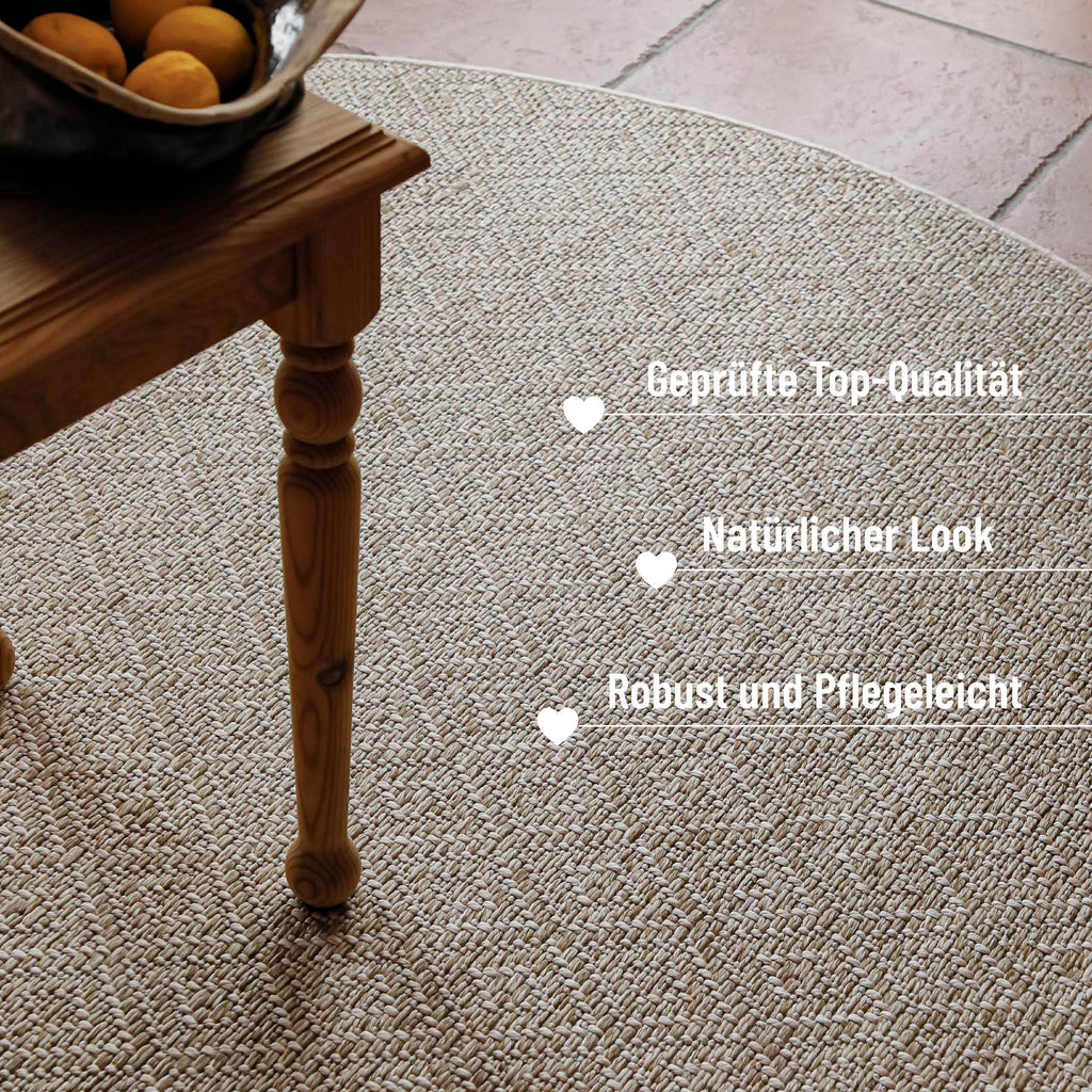 In-& Outdoor Teppich Miami Beach creme weiß rund im Raum Kantenansicht mit Details robust & pflegeleicht