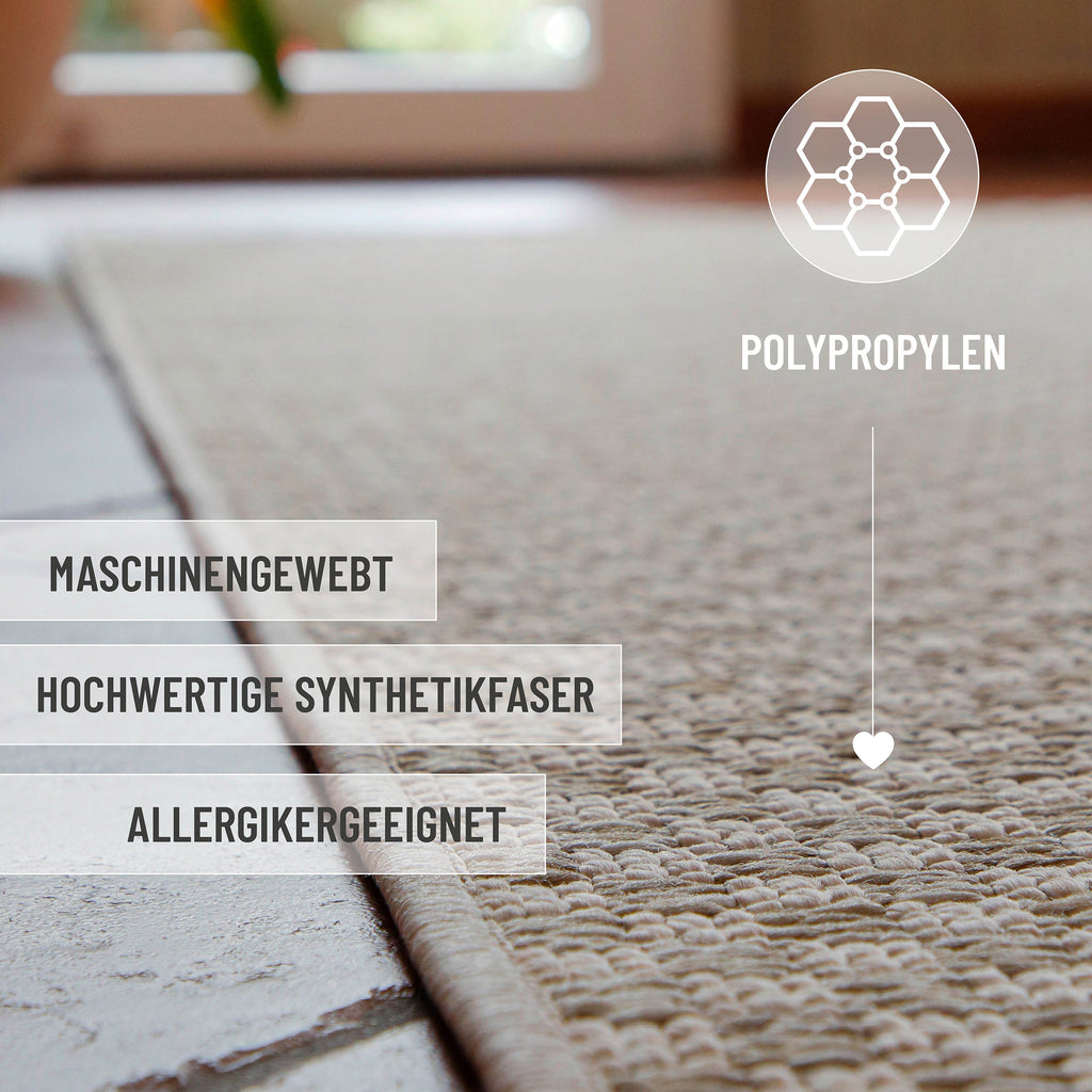 In-& Outdoor Teppich Miami South Beach creme weiß rechteckig im Raum Kantenansicht mit Details maschinenewaschbar, Allergikergeeignet