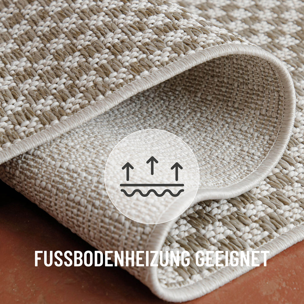 In-& Outdoor Teppich Miami South Beach creme weiß rund flexibel gelegt mit Text Fussbodenheizung geeignet