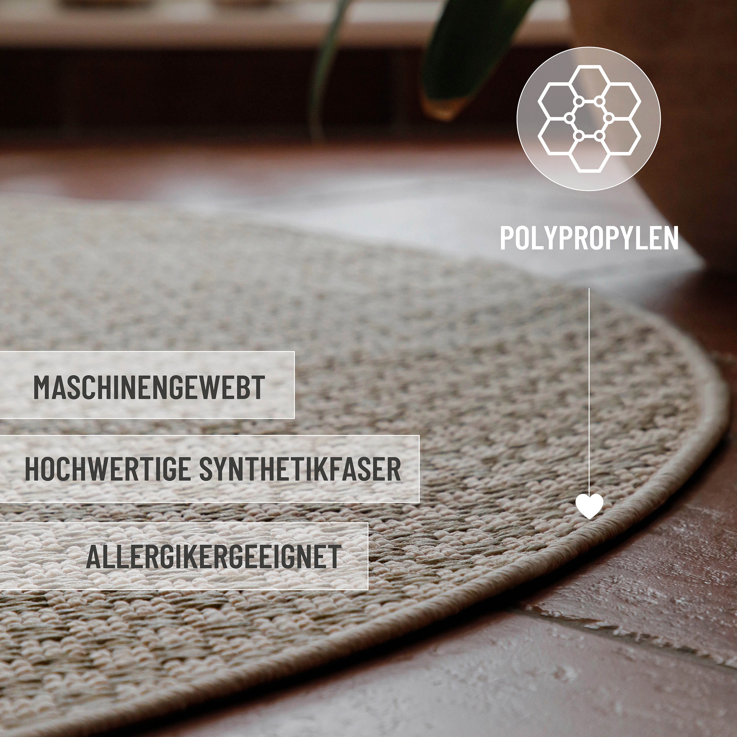 In-& Outdoor Teppich Miami South Beach creme weiß rund im Raum Kantenansicht mit Details maschinenewaschbar, Allergikergeeignet