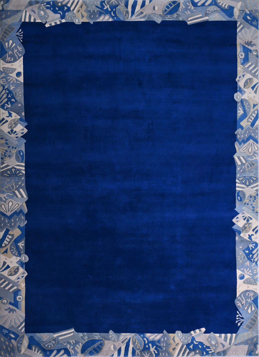 Handgeknüpfter Tibeter Teppich in blau mit Retro-Bordüre – Neuwertig
