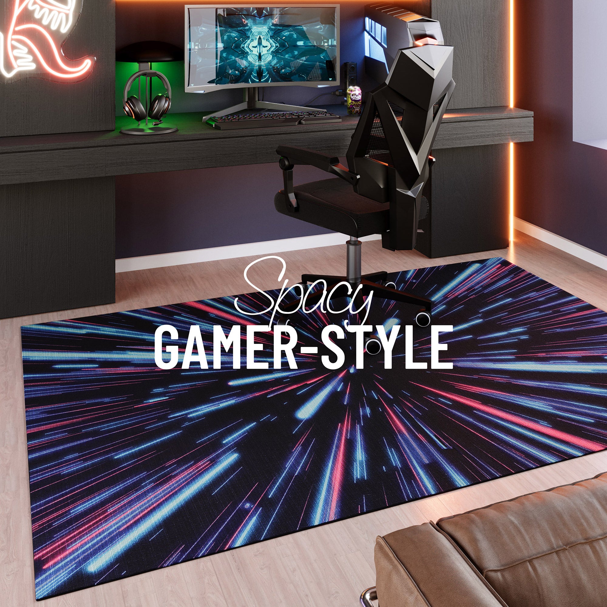 Gewebter Gamerteppich bedruckt Schwarz Multi "Neon Horizon" WECONhome