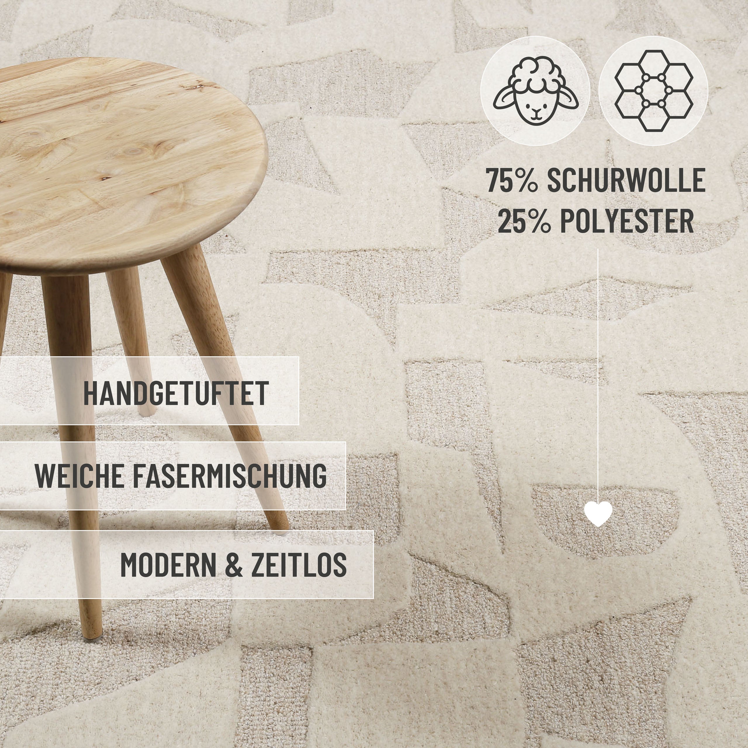 Kurzflorteppich Creme Weiß aus Schurwolle "Ocean State" WECONhome