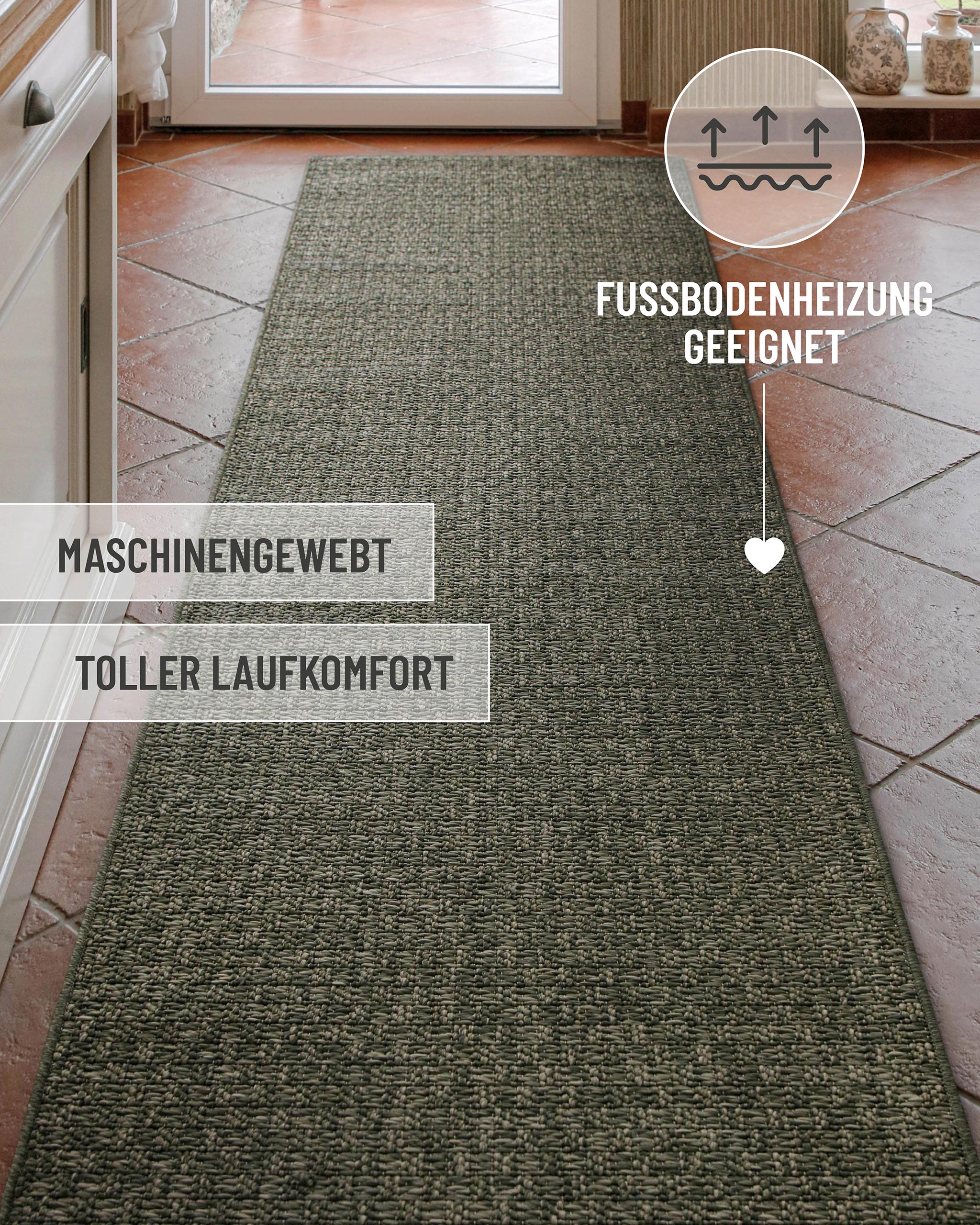In-& Outdoor Teppich Miami South Beach grau oliv Läufer im Raum mit Text Fussbodenheizung geeignet