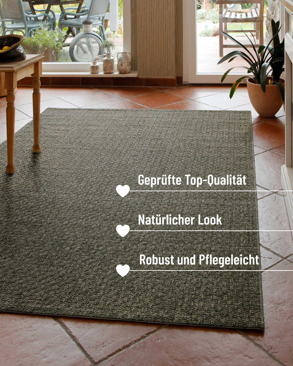 In-& Outdoor Teppich Miami South Beach grau oliv rechteckig im Raum Kantenansicht mit Details robust & pflegeleicht