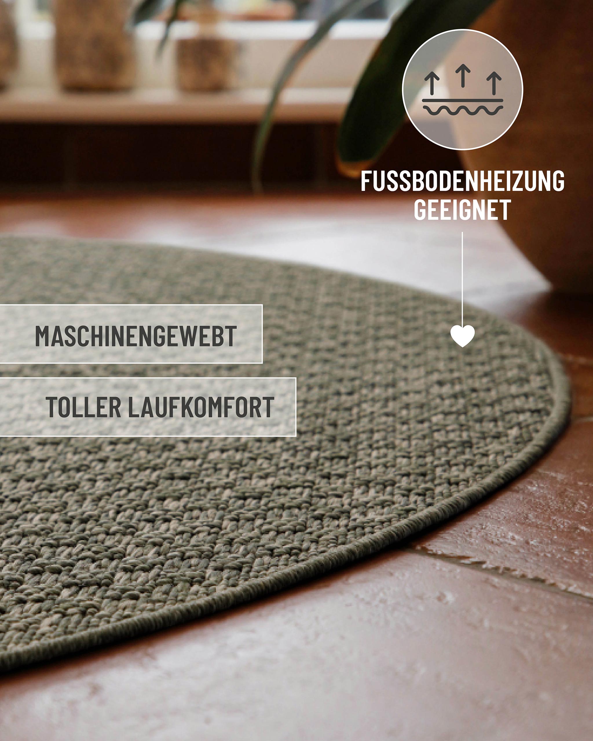 In-& Outdoor Teppich Miami South Beach grau oliv rund mit Text Fussbodenheizung geeignet