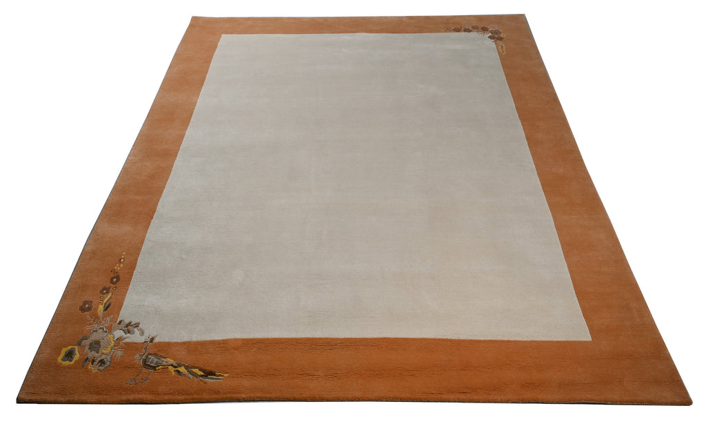 Handgeknüpfter Tibeter Teppich creme beige mit Retro Bordüre – Neuwertig