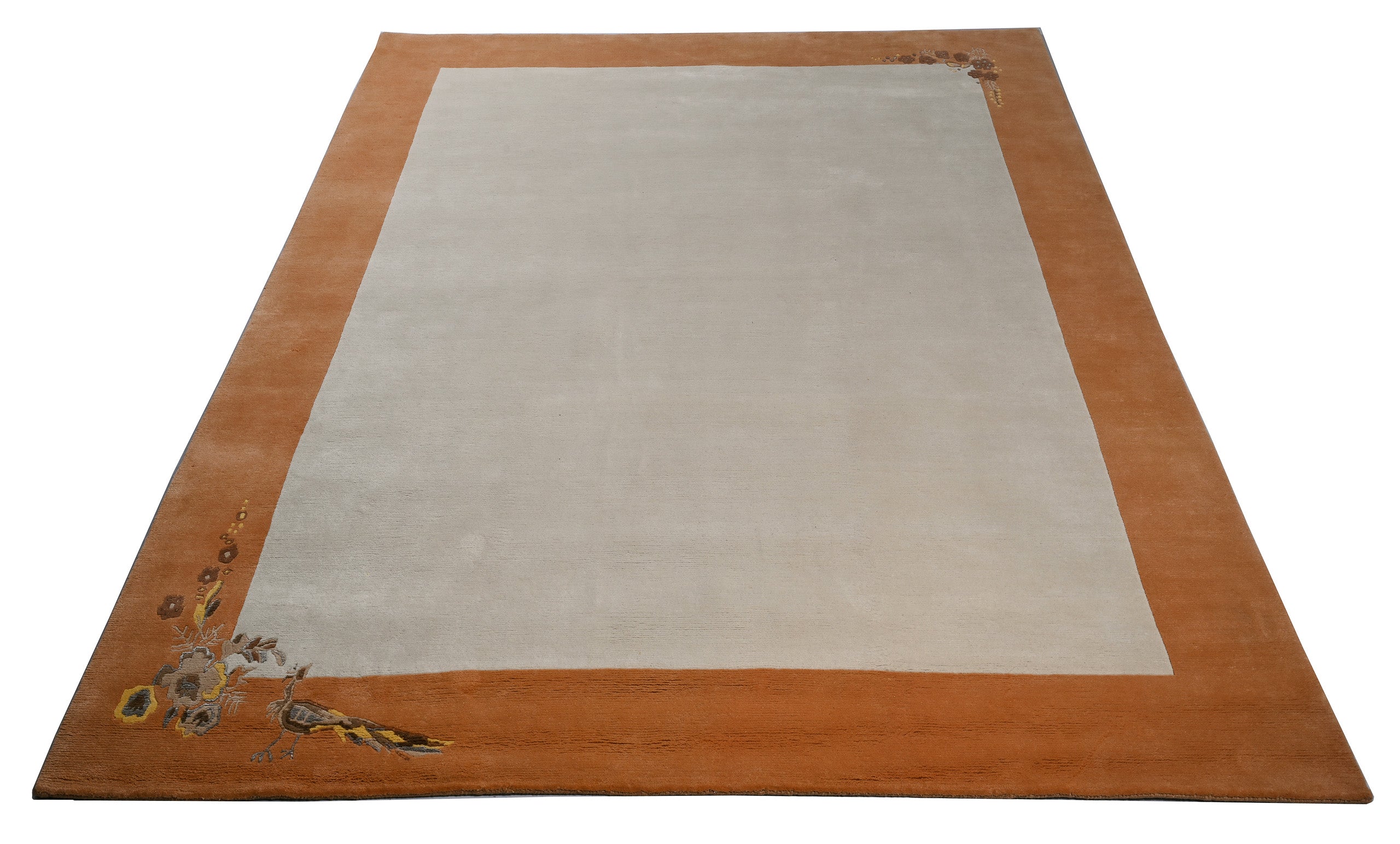 Handgeknüpfter Tibeter Teppich creme beige mit Retro Bordüre – Neuwertig