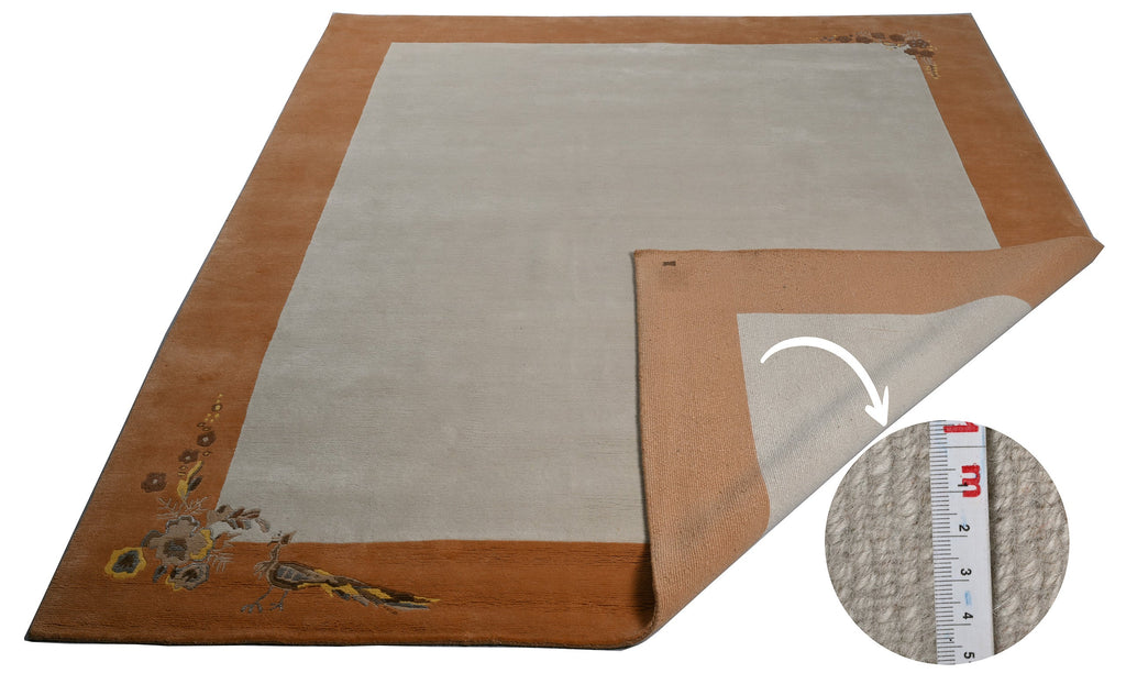 Handgeknüpfter Tibeter Teppich creme beige mit Retro Bordüre – Neuwertig