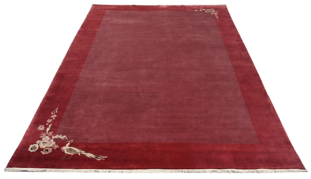 Handgeknüpfter Tibeter Teppich in red berry mit Retro Bordüre – Neuwertig