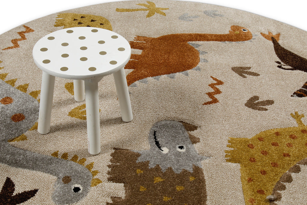 Kinderteppich Rund Sand Beige meliert "T-Rex & Friends" Smart Kids