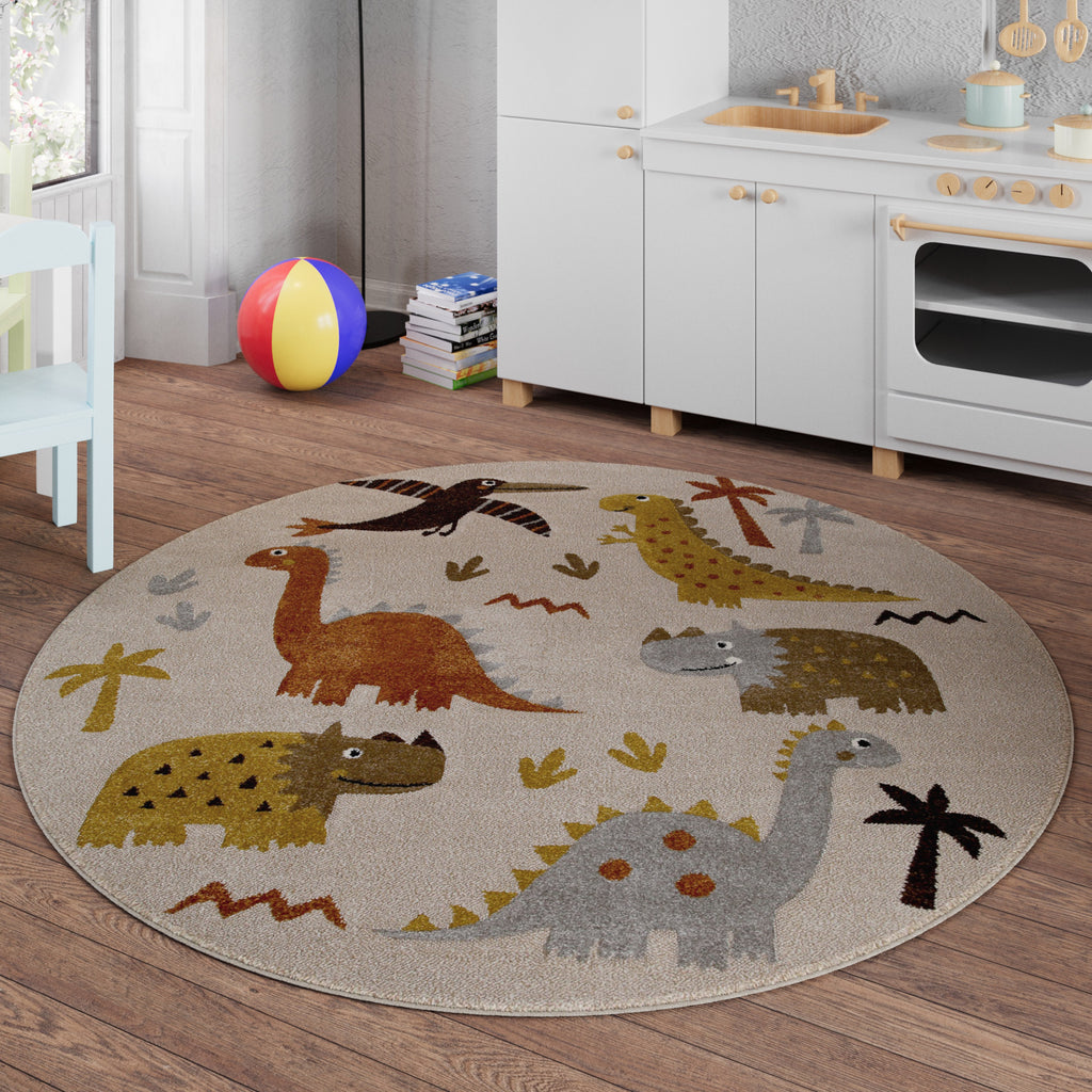 Kinderteppich Rund Sand Beige meliert "T-Rex & Friends" Smart Kids