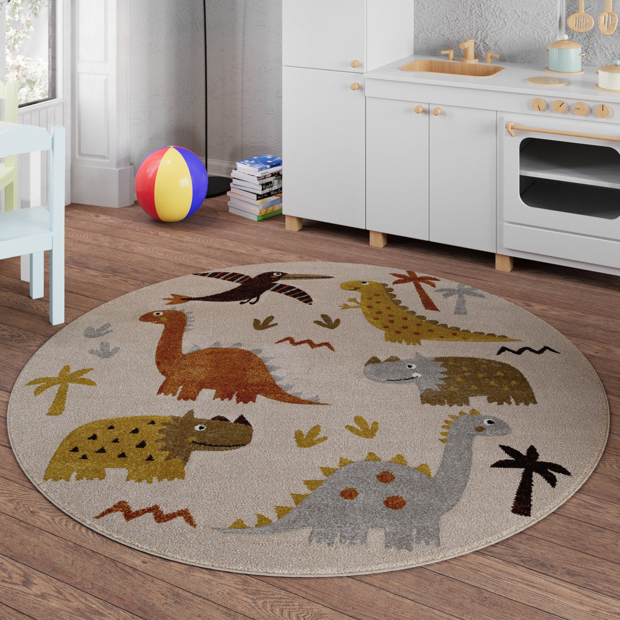 Kinderteppich Rund Sand Beige meliert "T-Rex & Friends" Smart Kids