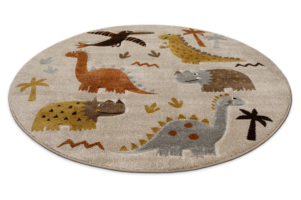 Kinderteppich Rund Sand Beige meliert "T-Rex & Friends" Smart Kids