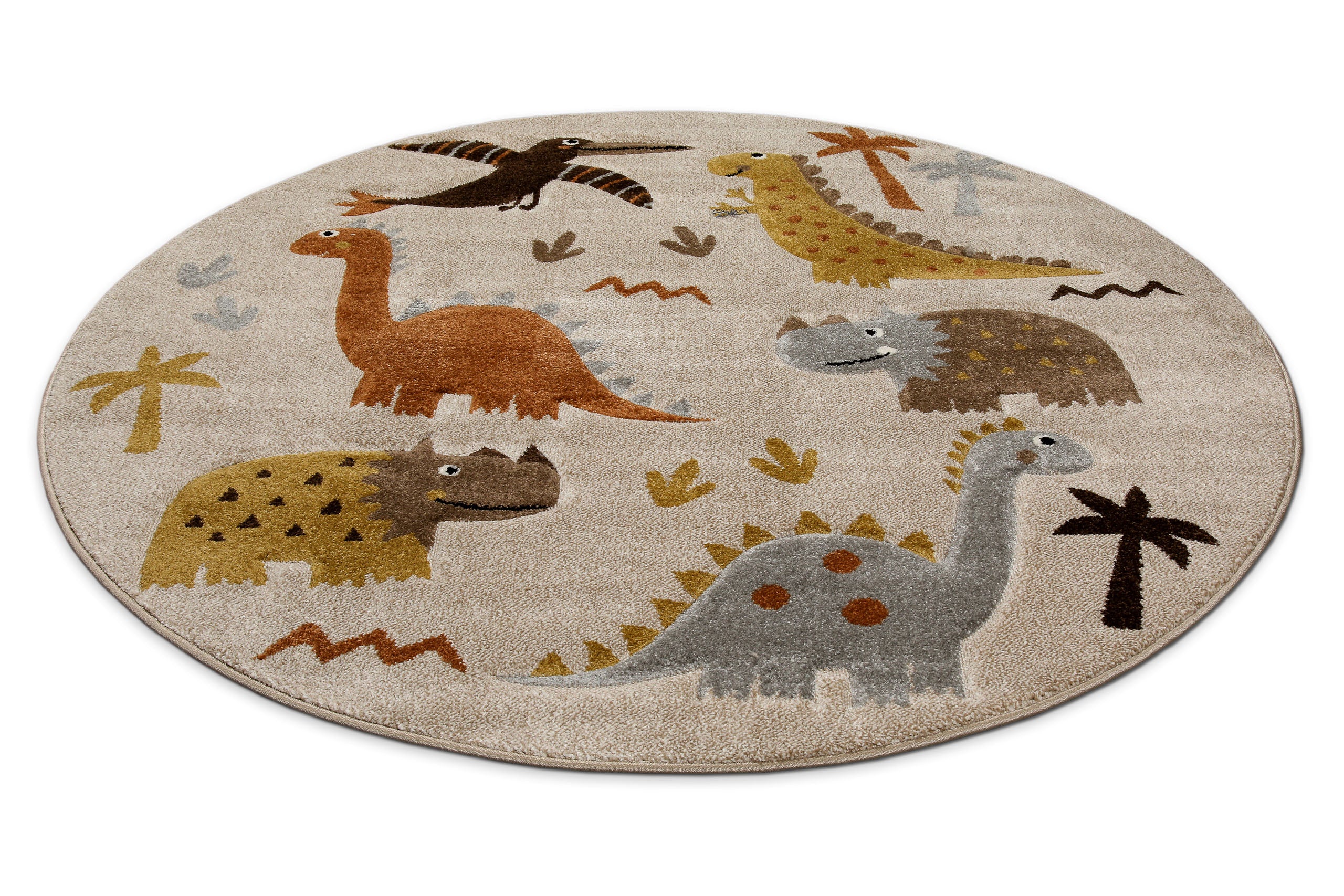 Kinderteppich Rund Sand Beige meliert "T-Rex & Friends" Smart Kids