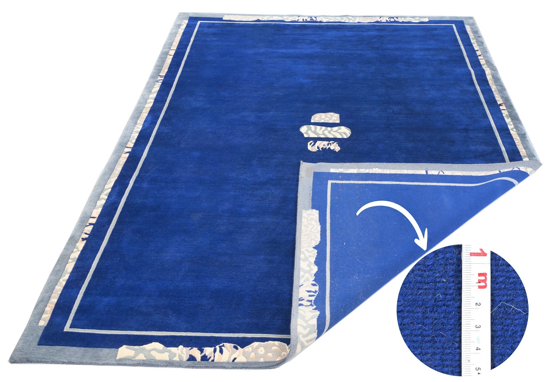 Handgeknüpfter Tibeter Teppich in blau mit Retro-Bordüre – Neuwertig