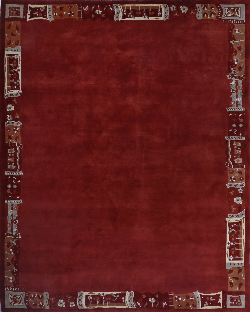 Handgeknüpfter Tibet Teppich rot mit Retro Bordüre – Neuwertig