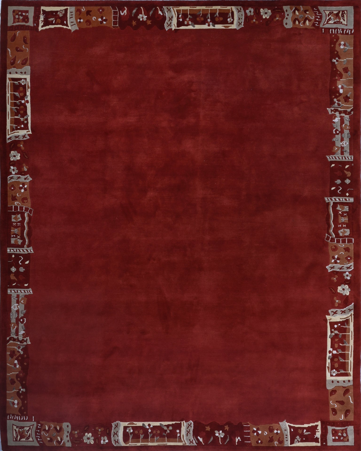 Handgeknüpfter Tibet Teppich rot mit Retro Bordüre – Neuwertig