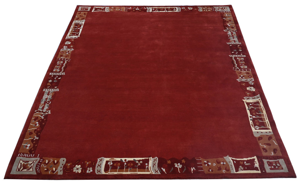Handgeknüpfter Tibet Teppich rot mit Retro Bordüre – Neuwertig