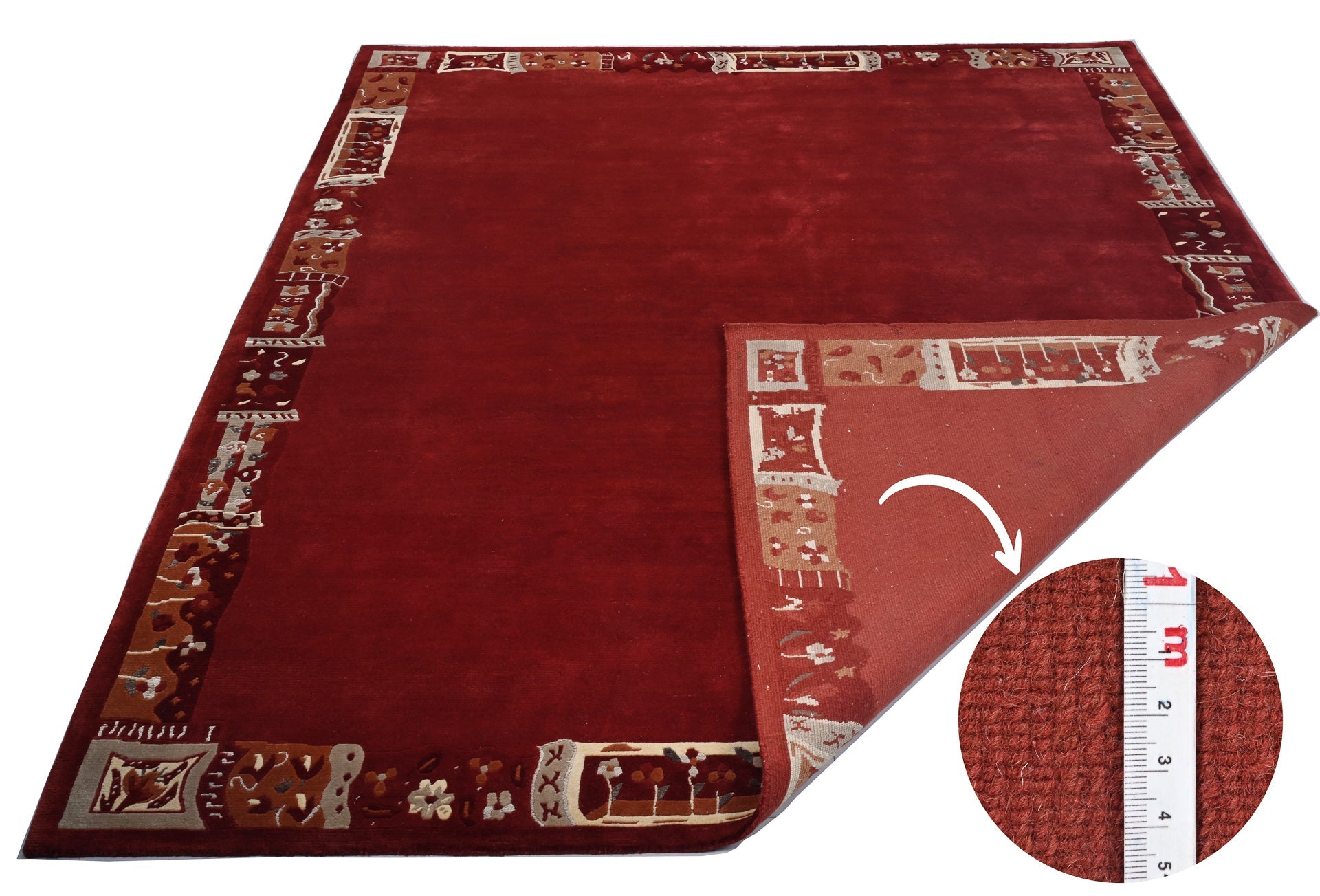 Handgeknüpfter Tibet Teppich rot mit Retro Bordüre – Neuwertig