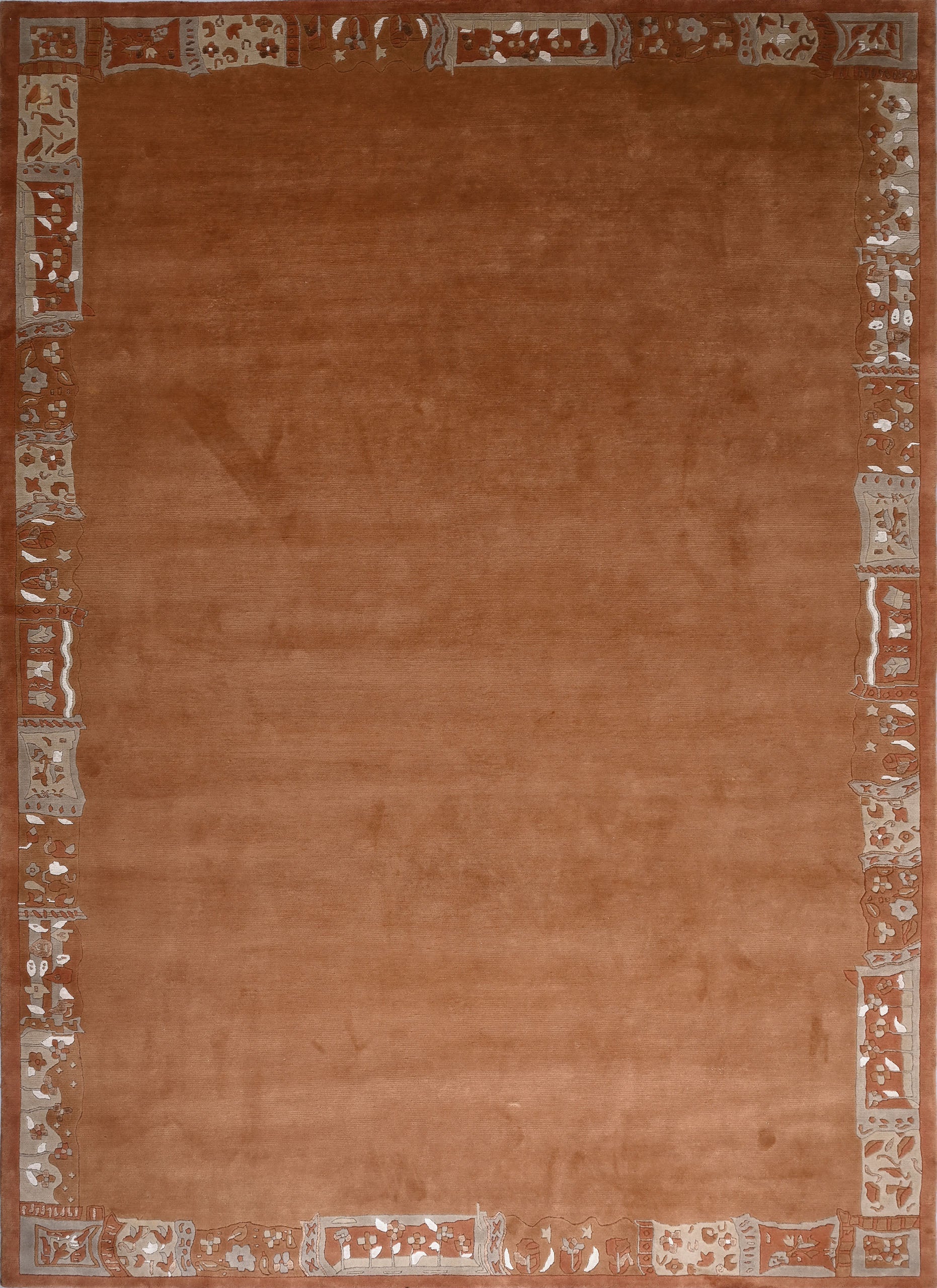 Handgeknüpfter Tibeter Teppich in rot terra mit Retro Bordüre – Neuwertig