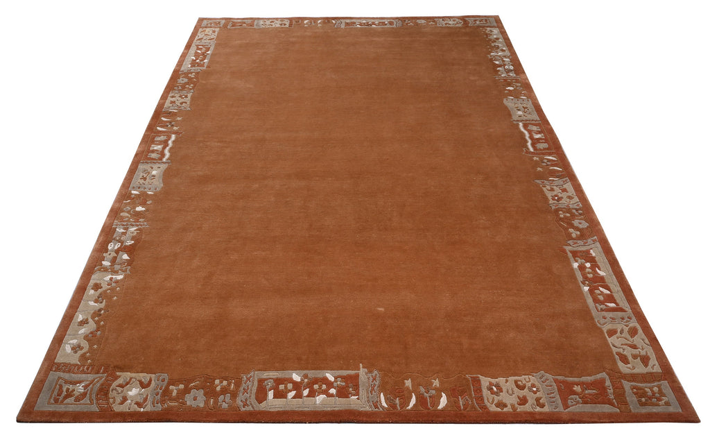Handgeknüpfter Tibeter Teppich in rot terra mit Retro Bordüre – Neuwertig