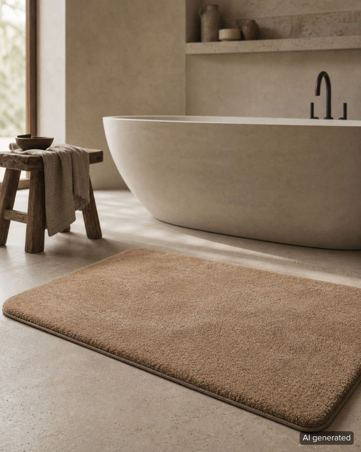 Badematte Badteppich Joris Beige Braun flauschig Interieur Badezimmer KI generiert