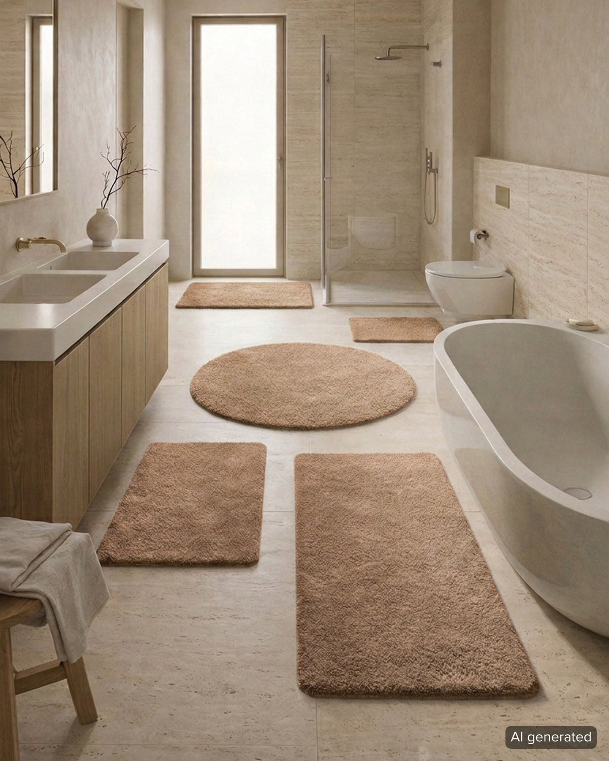 Badematte Badteppich Joris Beige Braun flauschig Set Interieur Badezimmer KI generiert