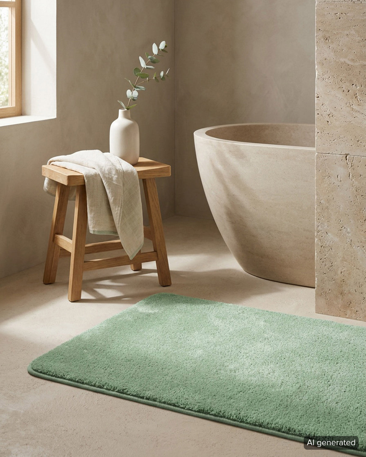Badematte Badteppich Joris Grün flauschig Interieur Badezimmer KI generiert
