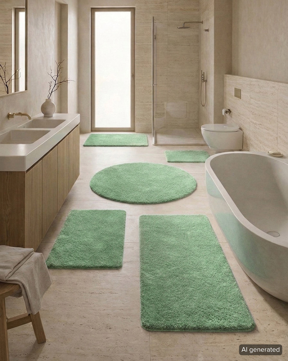 Badematte Badteppich Joris Grün flauschig Set Interieur Badezimmer KI generiert