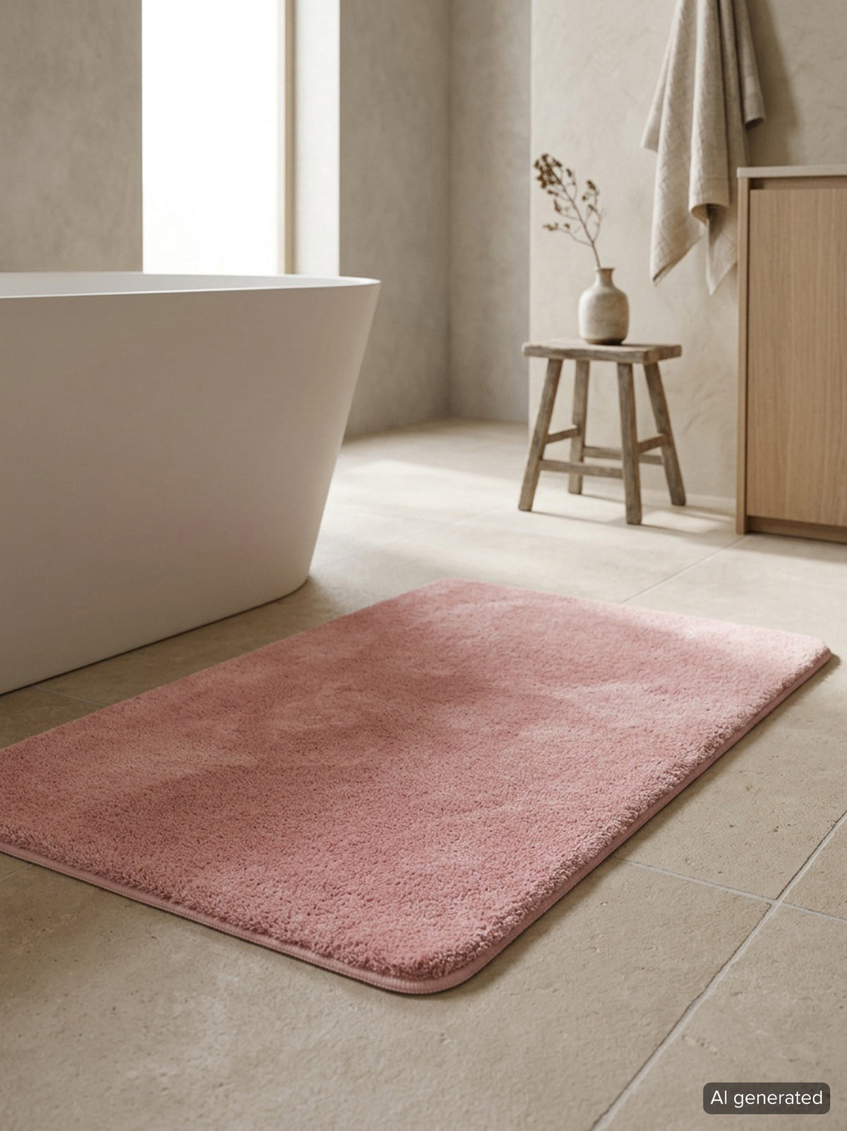 Badematte Badteppich Joris Rosa flauschig Interieur Badezimmer KI generiert
