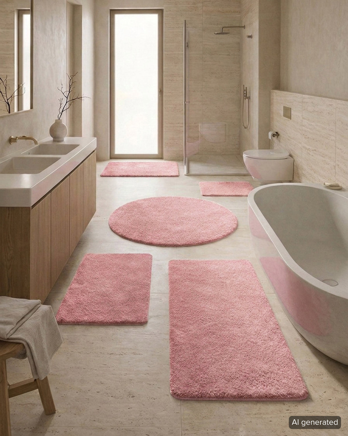 Badematte Badteppich Joris Rosa flauschig Interieur Badezimmer KI generiert Set