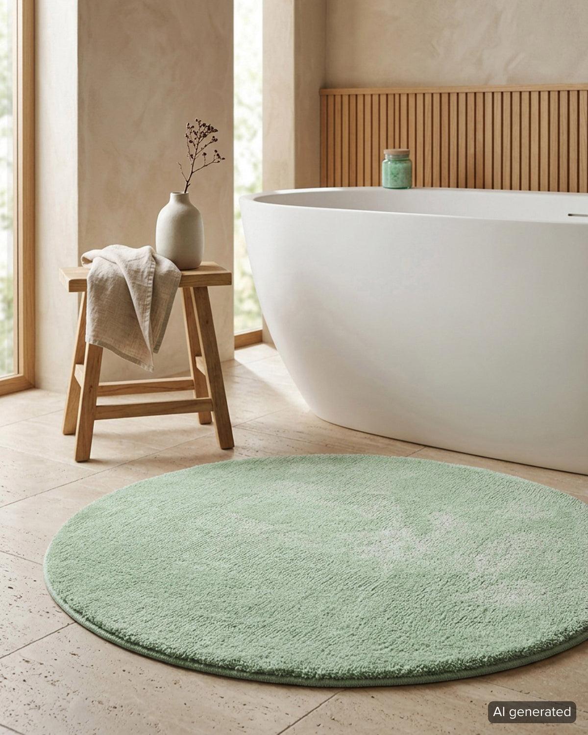 Badematte Badteppich Joris Grün flauschig Rund Interieur Badezimmer KI generiert