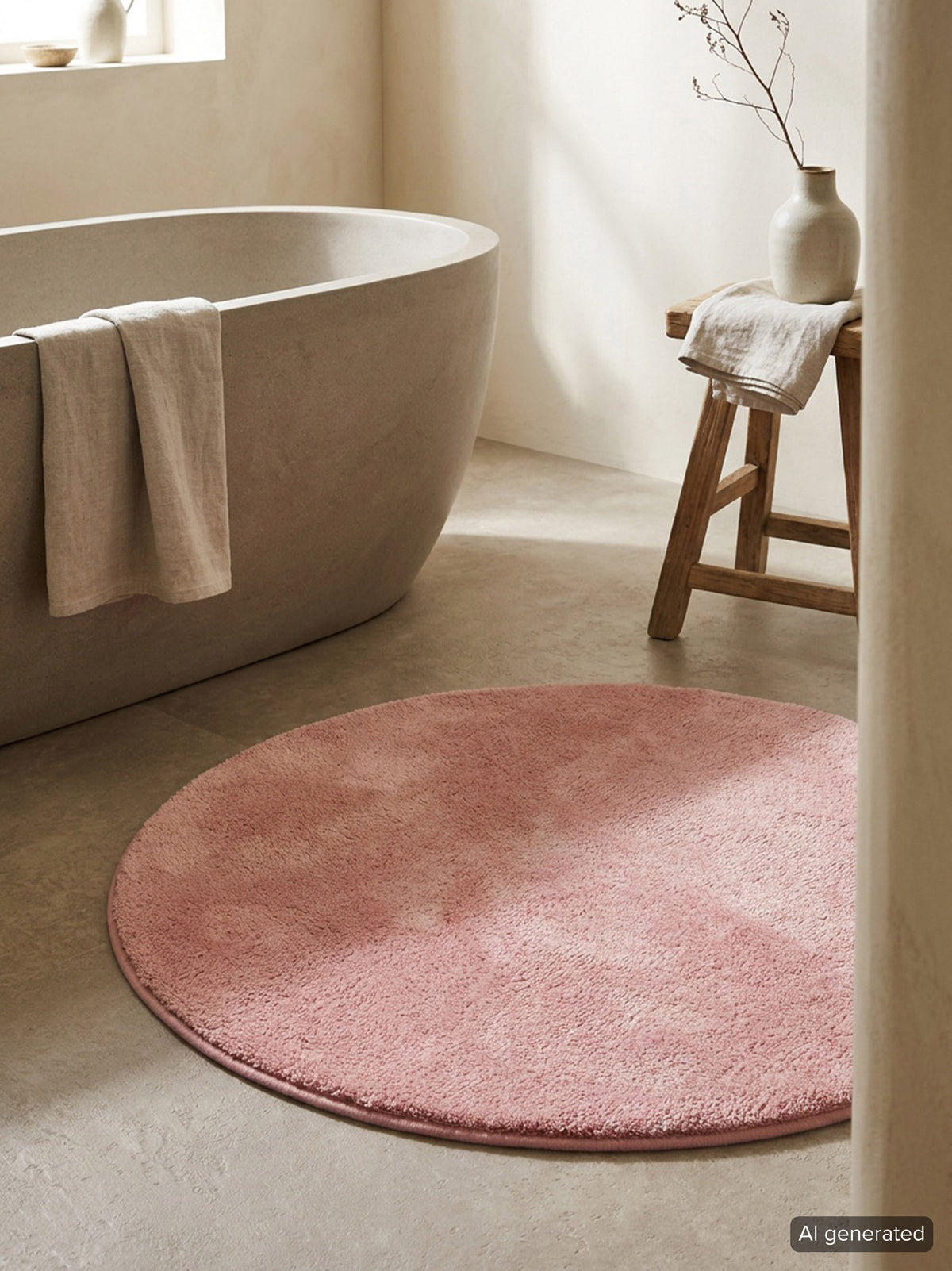 Badematte Badteppich Joris Rosa flauschig Interieur Badezimmer KI generiert rund