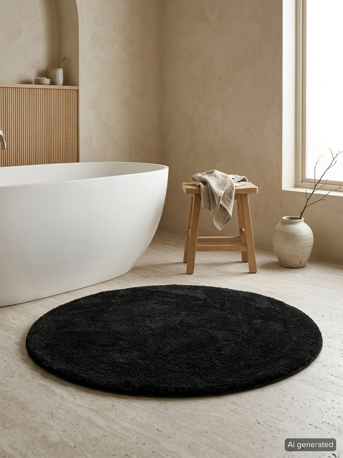 Badematte Badteppich Joris Schwarz flauschig Badezimmer Interieurbild KI generiert rund