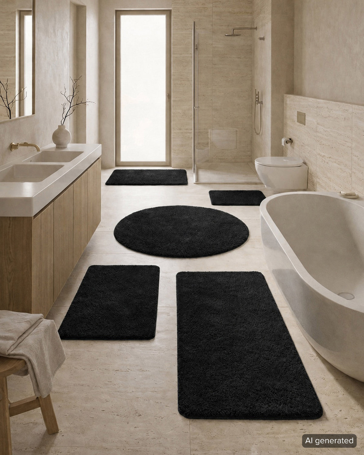 Badematte Badteppich Joris Schwarz flauschig Badezimmer Interieurbild KI generiert Set