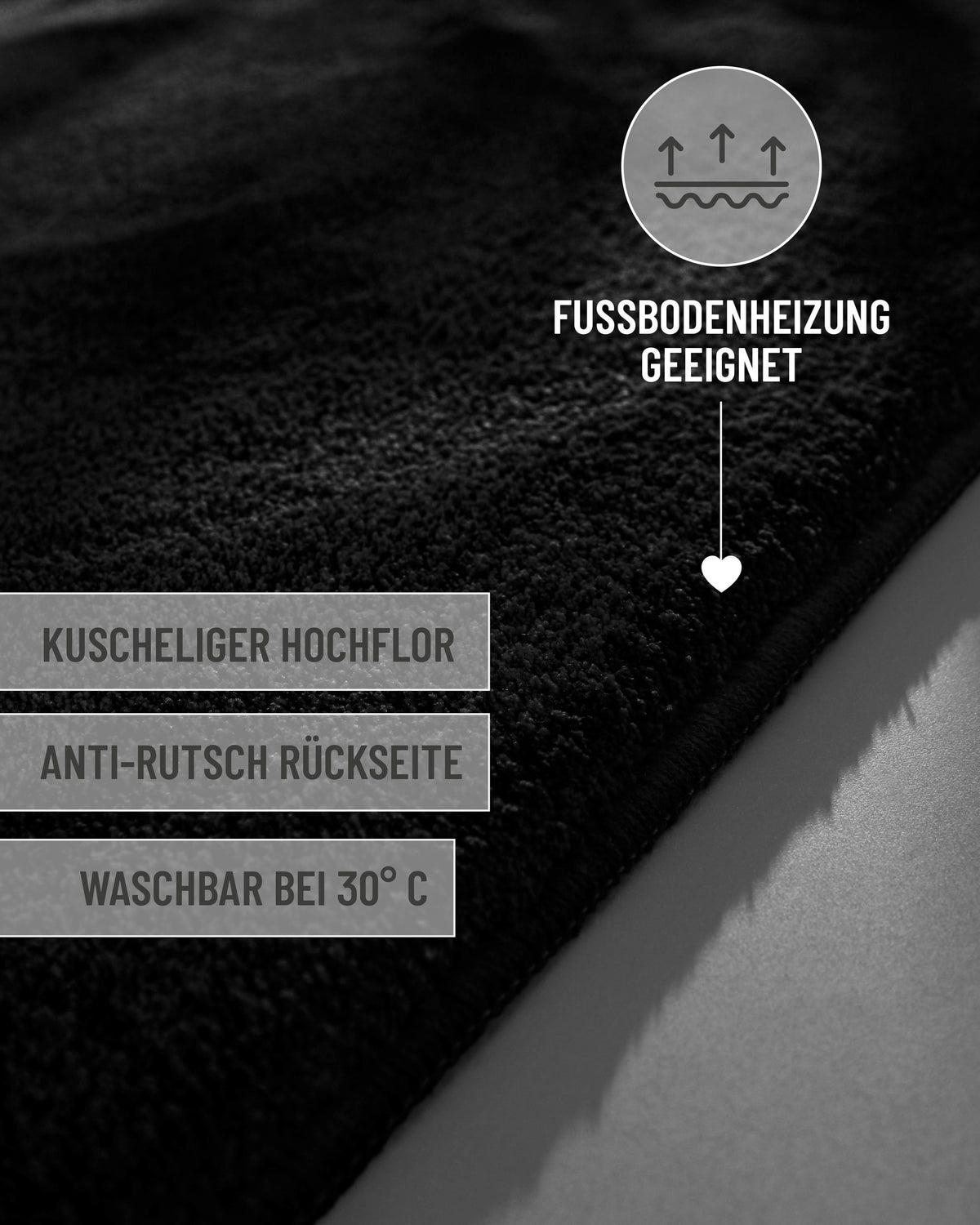 Badematte Badteppich Joris Schwarz flauschig Text Overlay