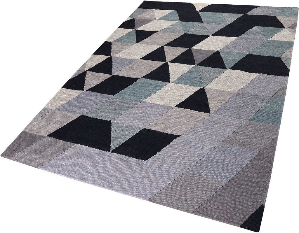 Esprit Kelim Teppich blau grau Kurzflor "Triango"
