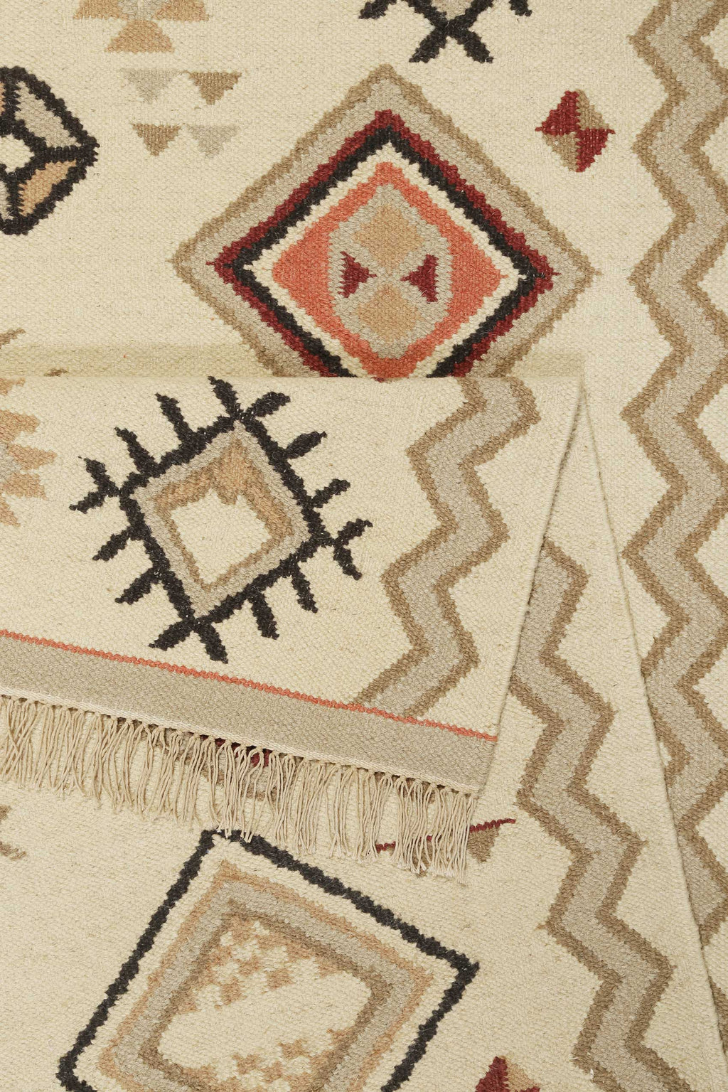 Kelim Teppich Creme Beige Rot aus Wolle "Brionne" Green Looop