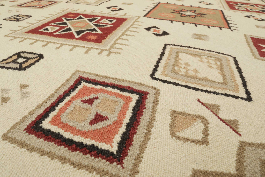 Kelim Teppich Creme Beige Rot aus Wolle "Brionne" Green Looop